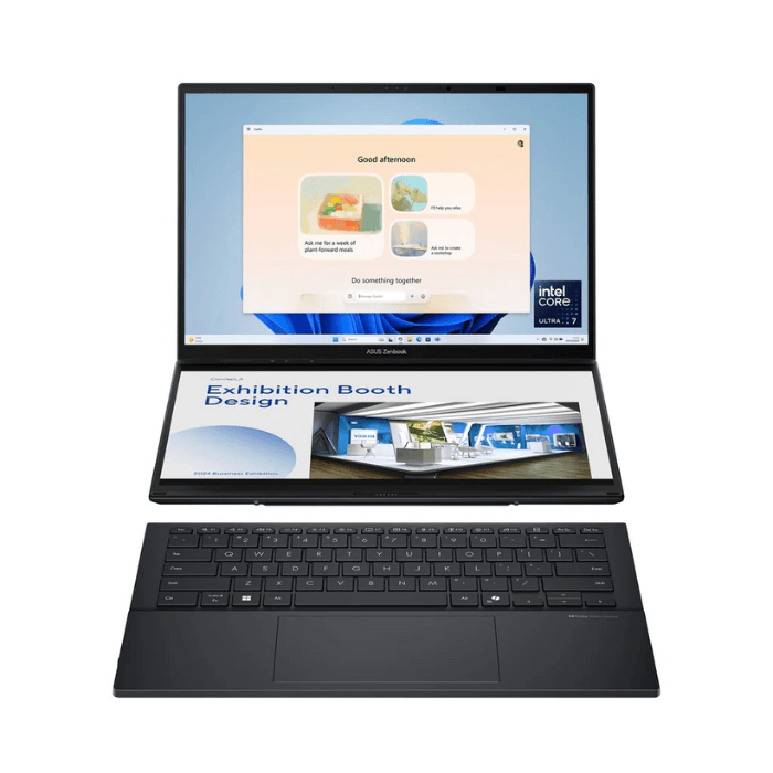Buy ASUS Zenbook Duo UX8406CA-OLED7, 14.-inch 3K OLED Touch Screen, Intel Core Ultra 7 255H 2.0GHz, 32GB RAM, 1TB SSD, Intel Arc Graphics, Win11 Home, Eng-Arab Keyboard, Gray + Sleeve, Stylus - U7MD1S84CJ online